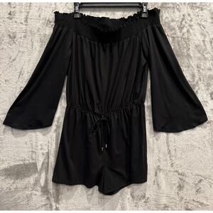 Women’s Black Off The Shoulder Romper SZ XL Bell Sleeves Smocked Neckline Waist